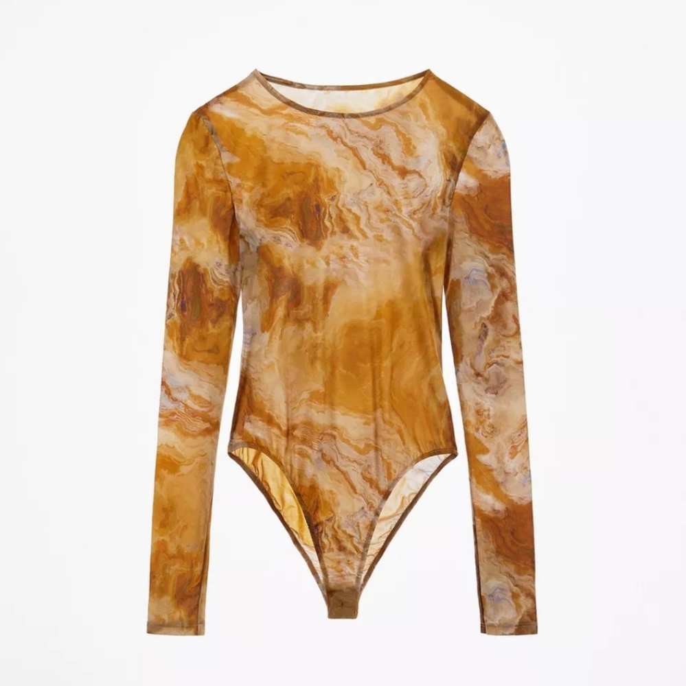 Zara Marble Print Long Sleeve Bodysuit - Brown and Tan
